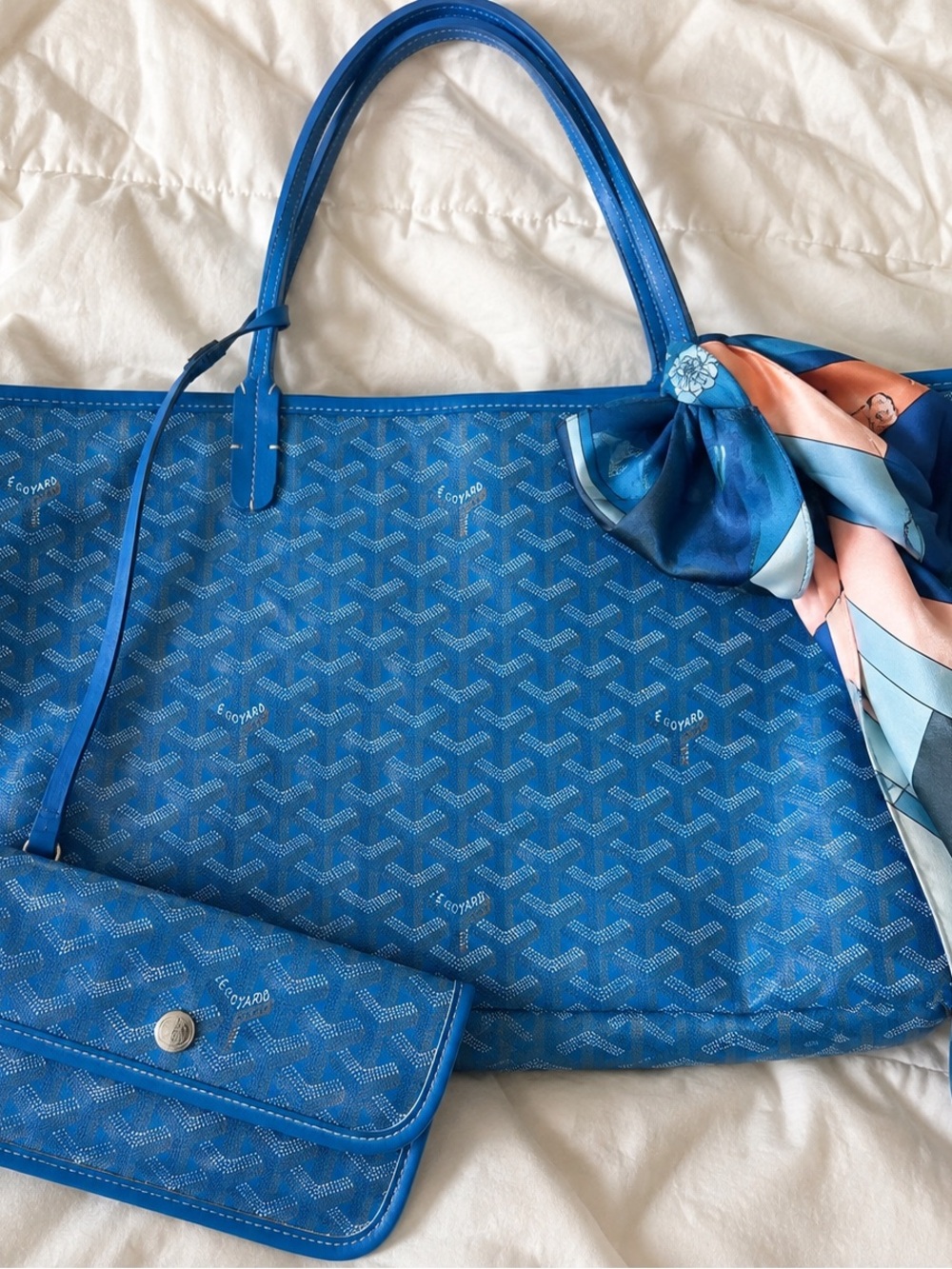 Bright Blue Patterned Tote with Matching Pouch